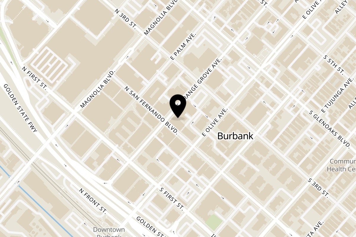 Map showing the location of Toro Sushi Poke House on 144 N San Fernando Blvd in Burbank